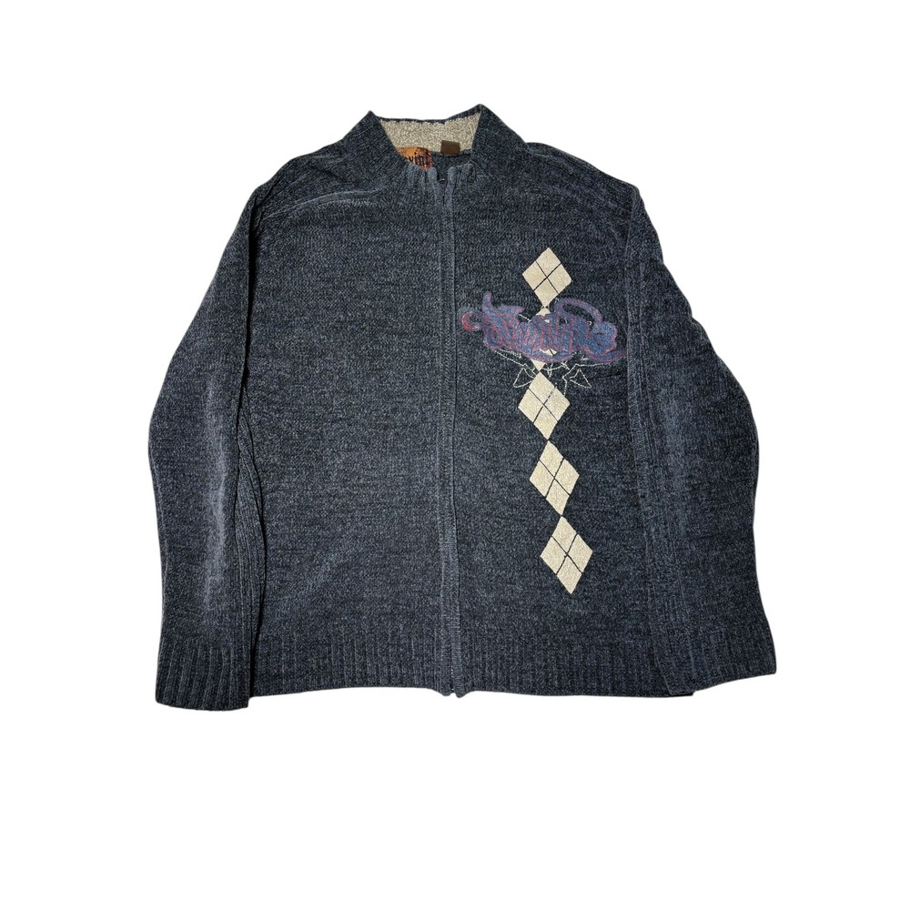 Maxim Chenille Sweater Cardigan Mens Size Large Graphic‎ Argyle Full Zip Knit